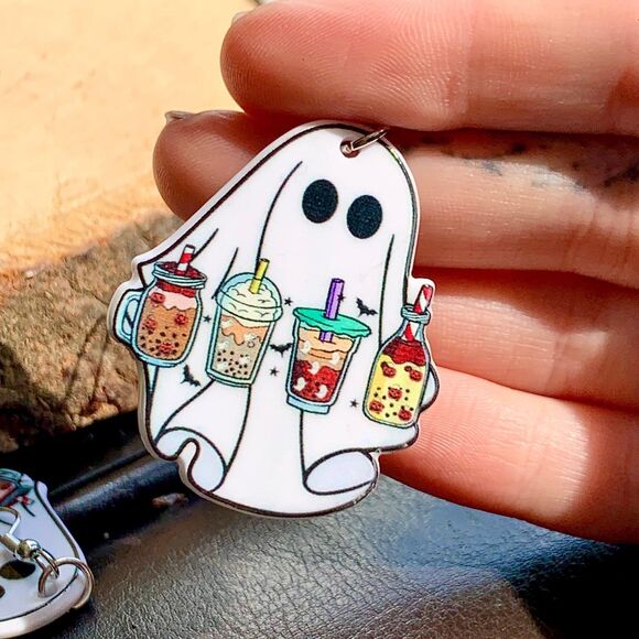 Spooky Vibes Halloween Ghost Coffee Latte Boba Milkshake Lover Resin Earrings - Picture 2 of 4